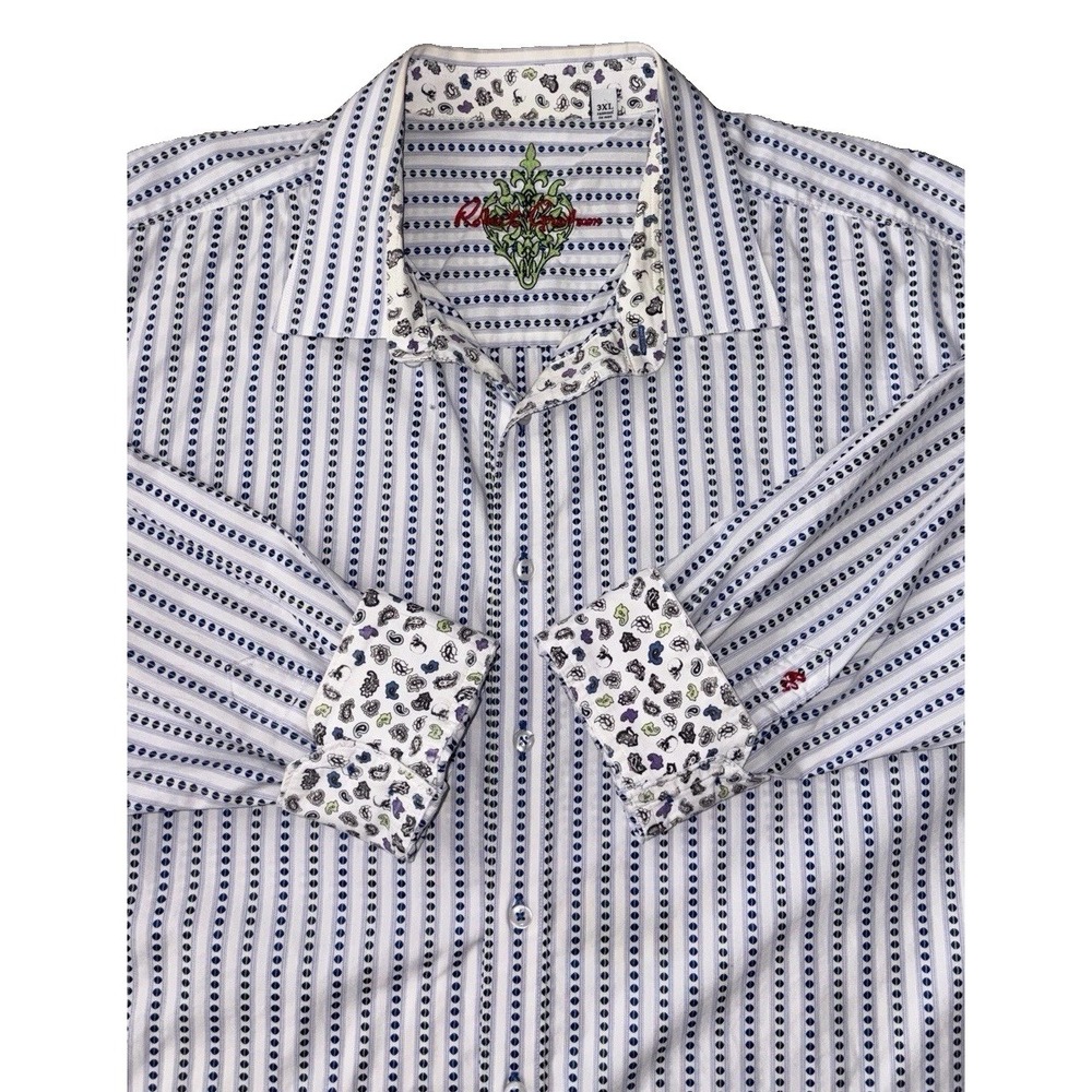 Robert Graham Button Up long Sleeve Shirt Men 3XL White Blue Stripe Dot Paisley